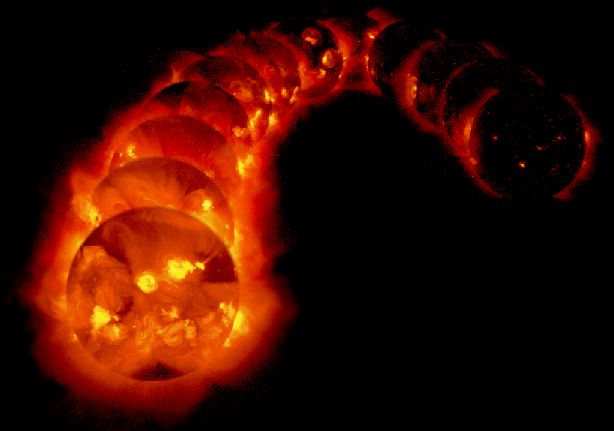 The image at the far left shows a very active X-ray Sun (1991).  The images were taken at 4-month intervals.  Courtesy of Yohkoh Satellite. 